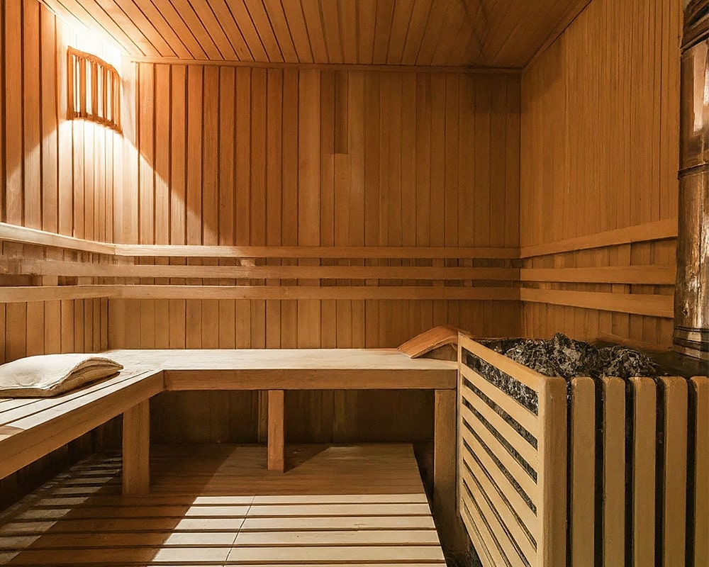 wooden interior of traditional sauna